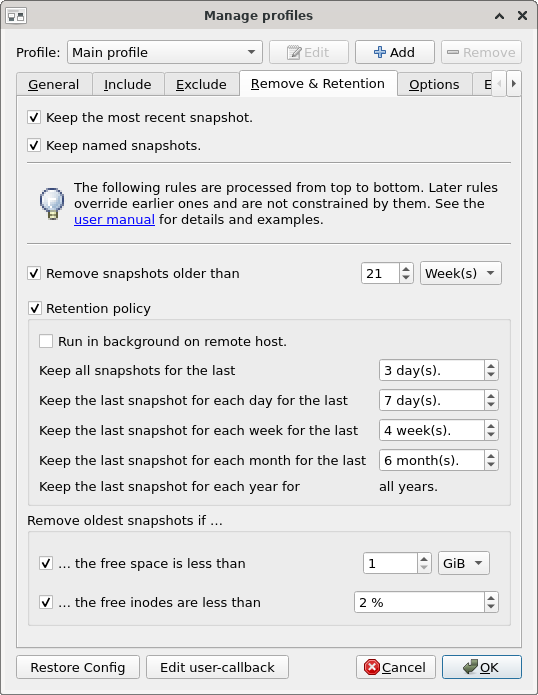 Dialog tab - Remove and Retention